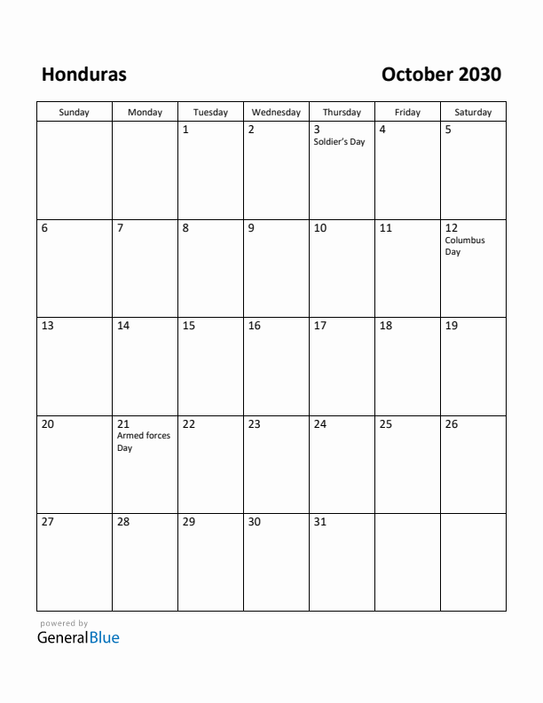 October 2030 Calendar with Honduras Holidays
