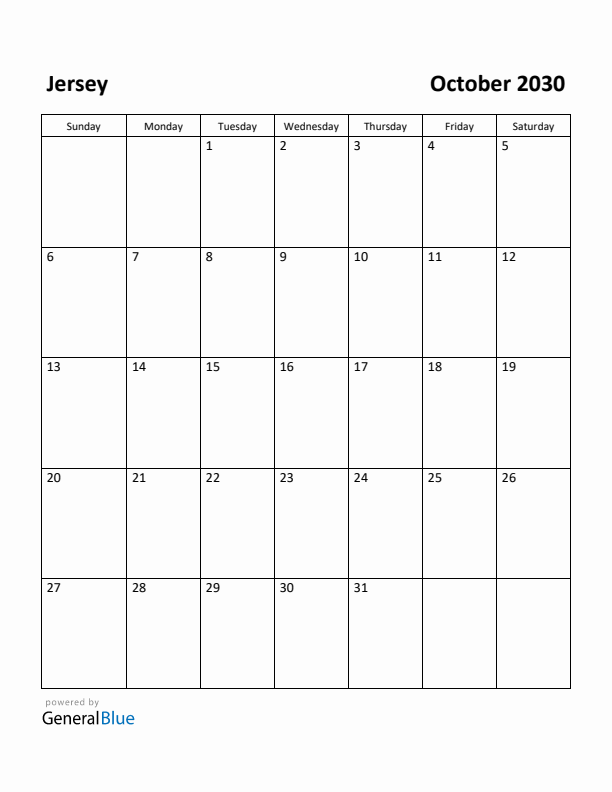 October 2030 Calendar with Jersey Holidays