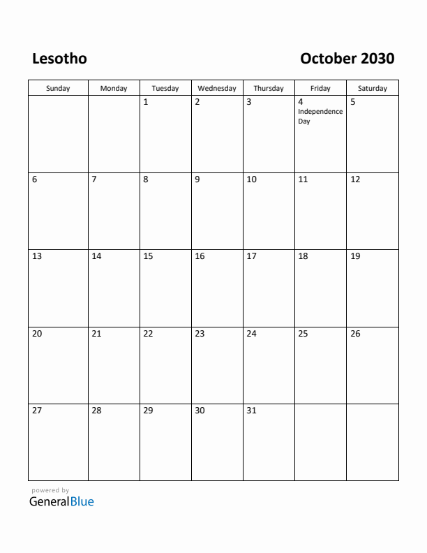 October 2030 Calendar with Lesotho Holidays