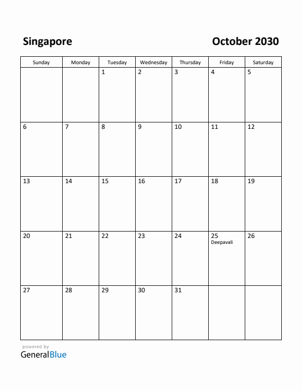 October 2030 Calendar with Singapore Holidays