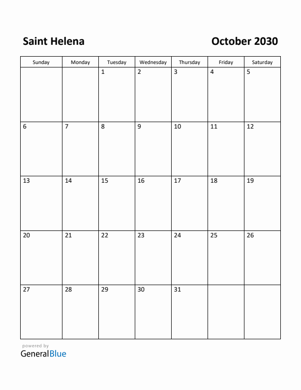 October 2030 Calendar with Saint Helena Holidays