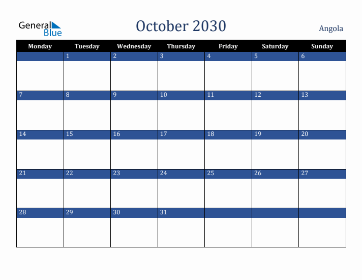 October 2030 Angola Calendar (Monday Start)