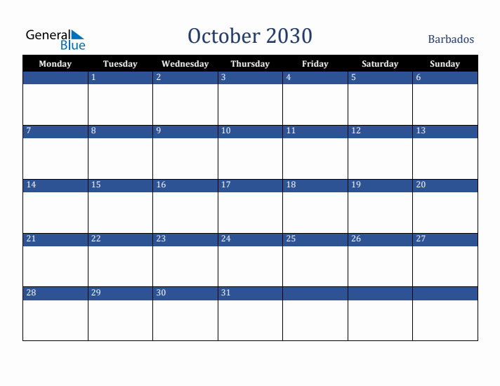 October 2030 Barbados Calendar (Monday Start)