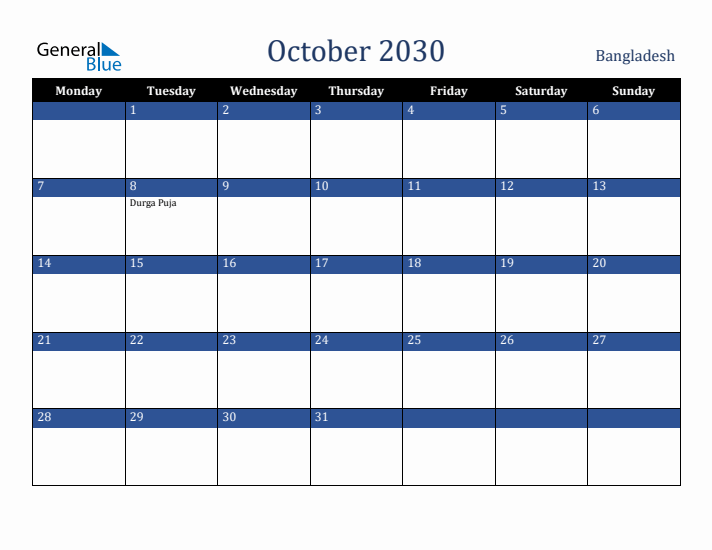 October 2030 Bangladesh Calendar (Monday Start)