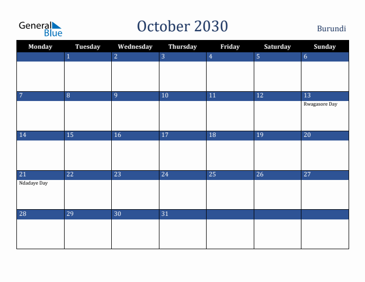 October 2030 Burundi Calendar (Monday Start)