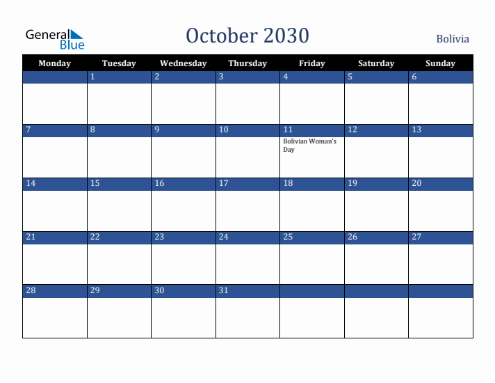 October 2030 Bolivia Calendar (Monday Start)