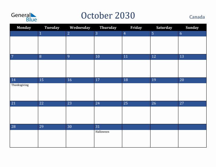 October 2030 Canada Calendar (Monday Start)