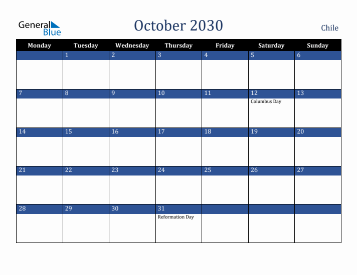 October 2030 Chile Calendar (Monday Start)