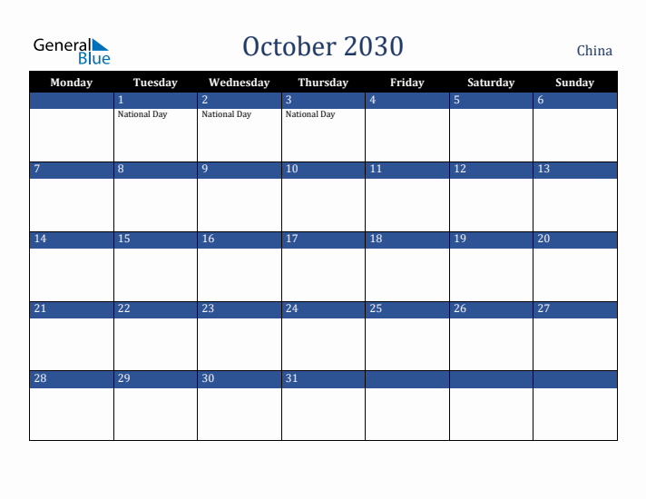 October 2030 China Calendar (Monday Start)