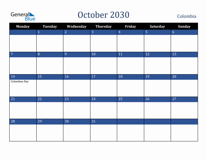 October 2030 Colombia Calendar (Monday Start)