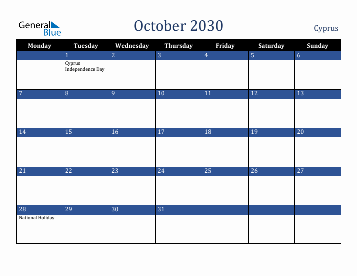October 2030 Cyprus Calendar (Monday Start)