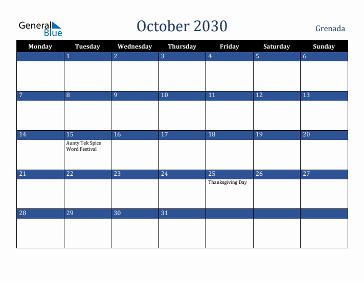 October 2030 Grenada Calendar (Monday Start)