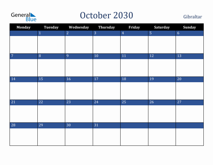 October 2030 Gibraltar Calendar (Monday Start)