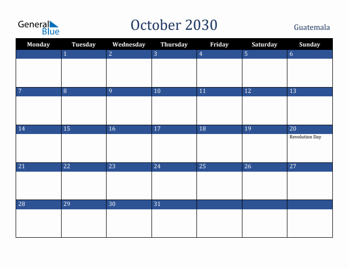October 2030 Guatemala Calendar (Monday Start)