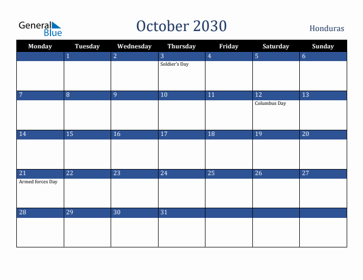 October 2030 Honduras Calendar (Monday Start)