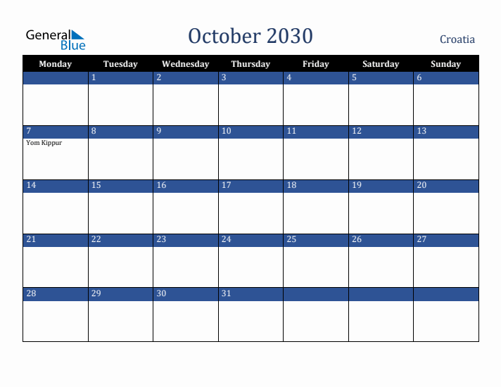 October 2030 Croatia Calendar (Monday Start)