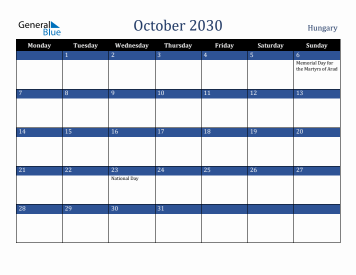 October 2030 Hungary Calendar (Monday Start)