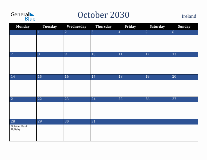 October 2030 Ireland Calendar (Monday Start)