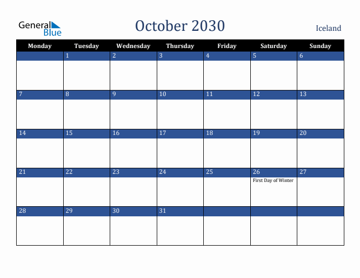 October 2030 Iceland Calendar (Monday Start)