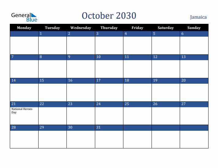 October 2030 Jamaica Calendar (Monday Start)