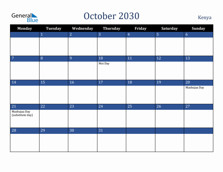 October 2030 Kenya Calendar (Monday Start)