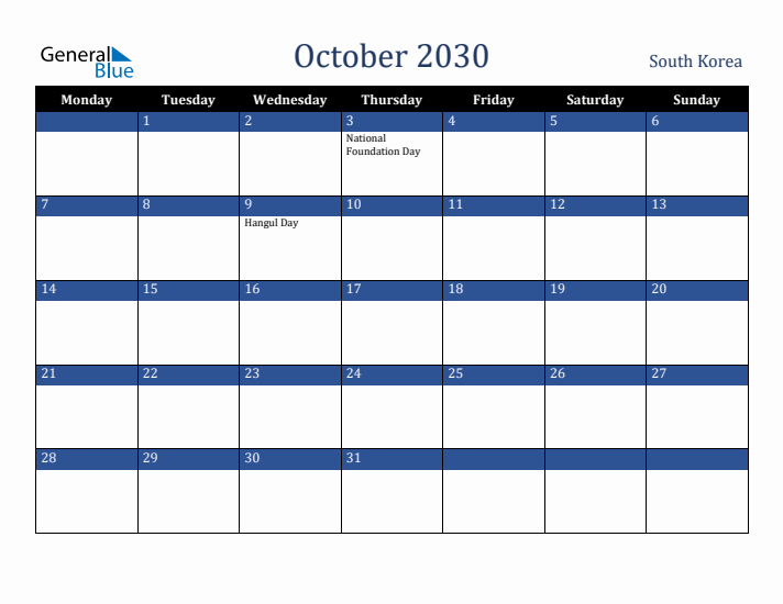 October 2030 South Korea Calendar (Monday Start)