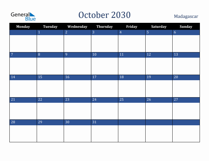 October 2030 Madagascar Calendar (Monday Start)