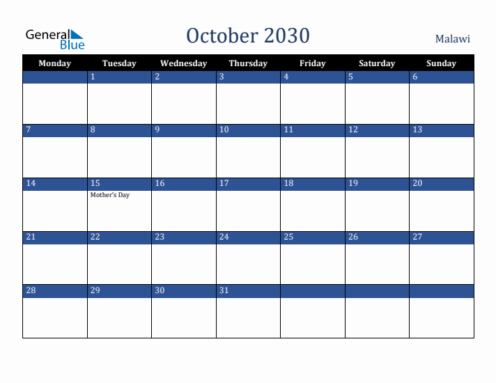 October 2030 Malawi Calendar (Monday Start)
