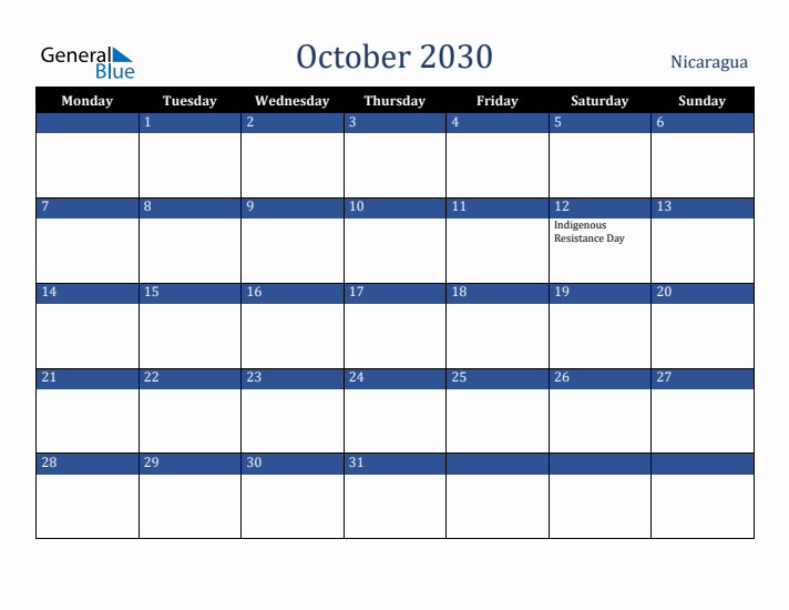 October 2030 Nicaragua Calendar (Monday Start)