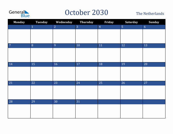 October 2030 The Netherlands Calendar (Monday Start)
