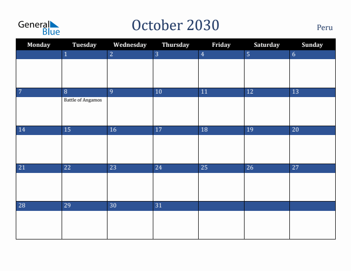 October 2030 Peru Calendar (Monday Start)