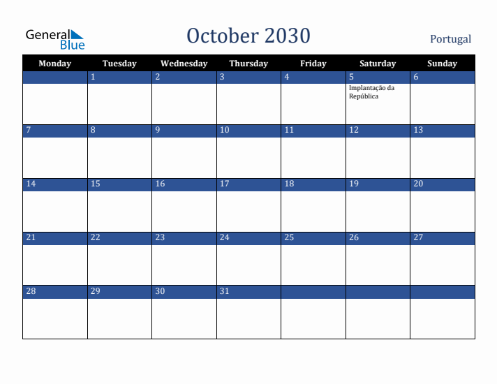 October 2030 Portugal Calendar (Monday Start)