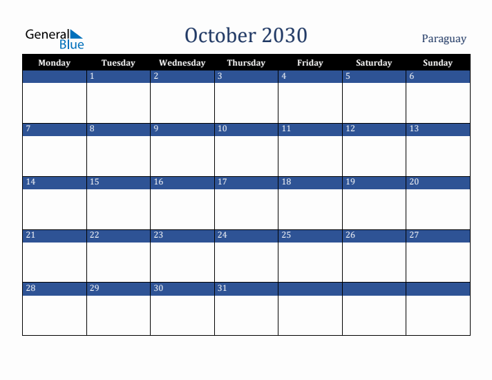 October 2030 Paraguay Calendar (Monday Start)