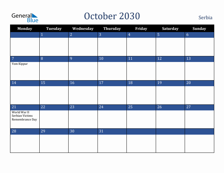 October 2030 Serbia Calendar (Monday Start)