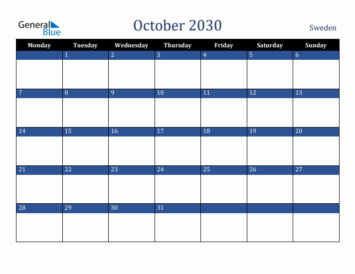 October 2030 Sweden Calendar (Monday Start)
