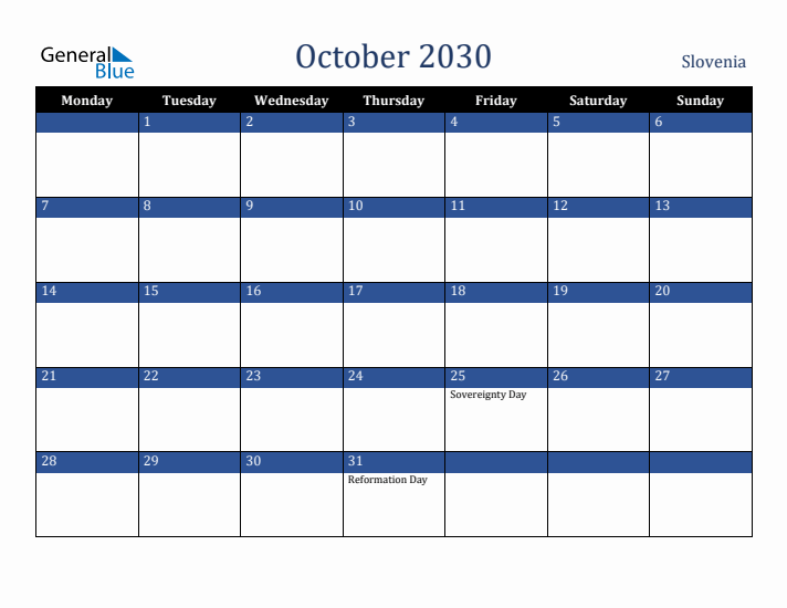 October 2030 Slovenia Calendar (Monday Start)