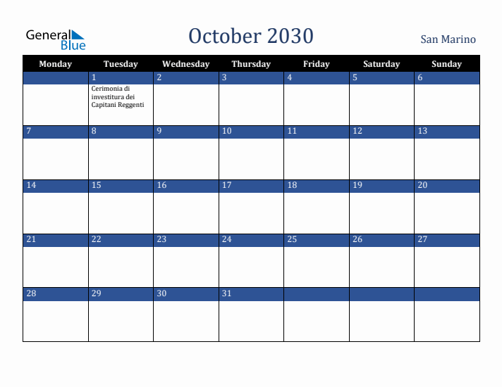 October 2030 San Marino Calendar (Monday Start)