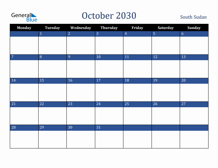 October 2030 South Sudan Calendar (Monday Start)