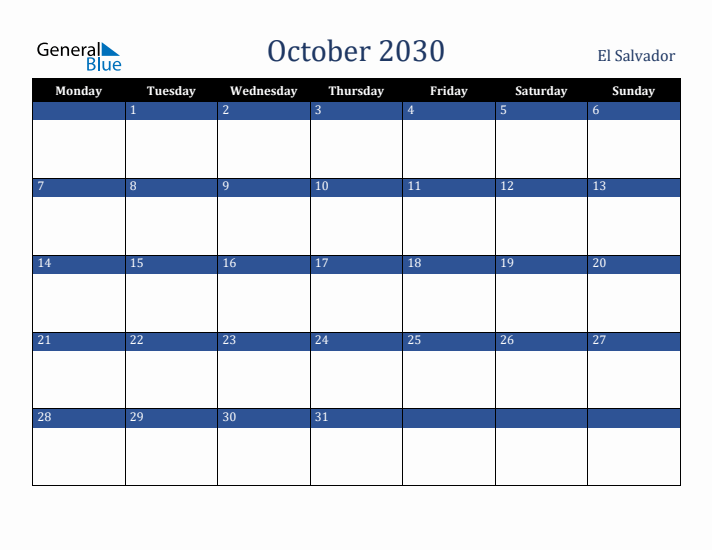 October 2030 El Salvador Calendar (Monday Start)