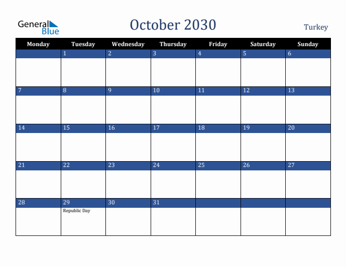 October 2030 Turkey Calendar (Monday Start)