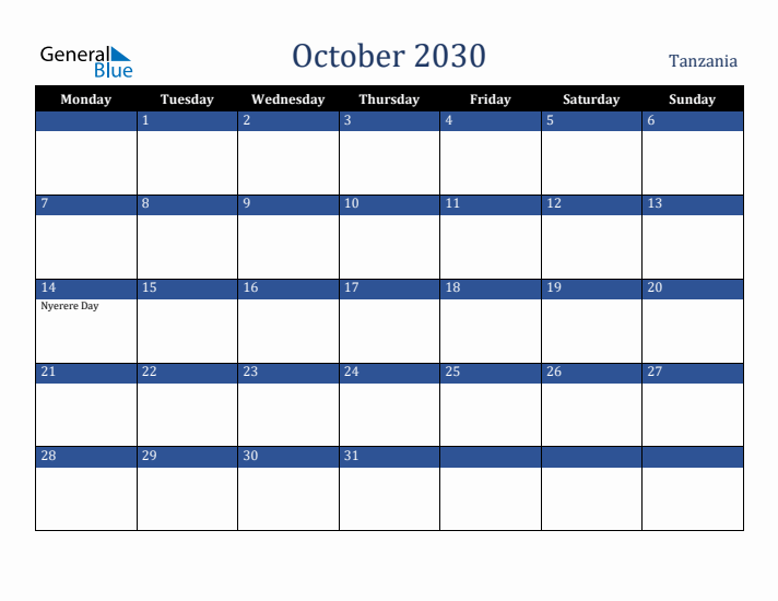 October 2030 Tanzania Calendar (Monday Start)