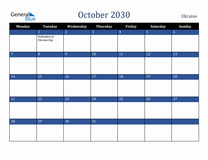 October 2030 Ukraine Calendar (Monday Start)