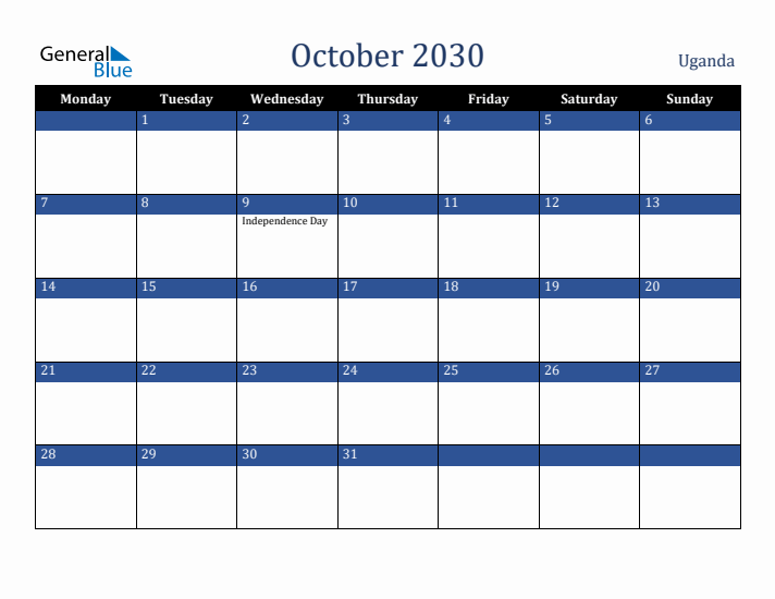 October 2030 Uganda Calendar (Monday Start)