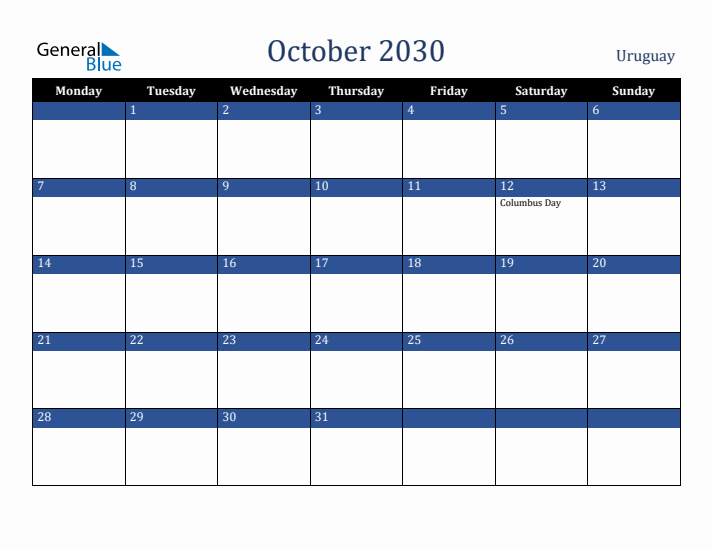 October 2030 Uruguay Calendar (Monday Start)