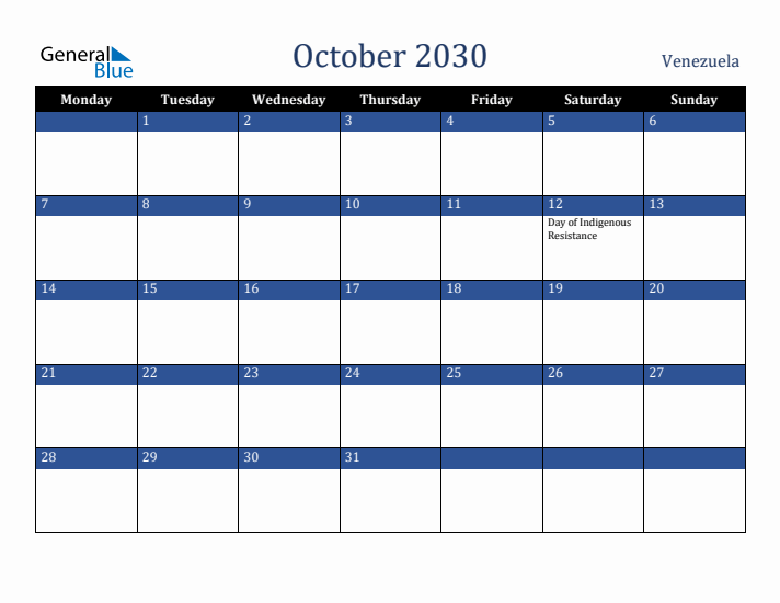 October 2030 Venezuela Calendar (Monday Start)