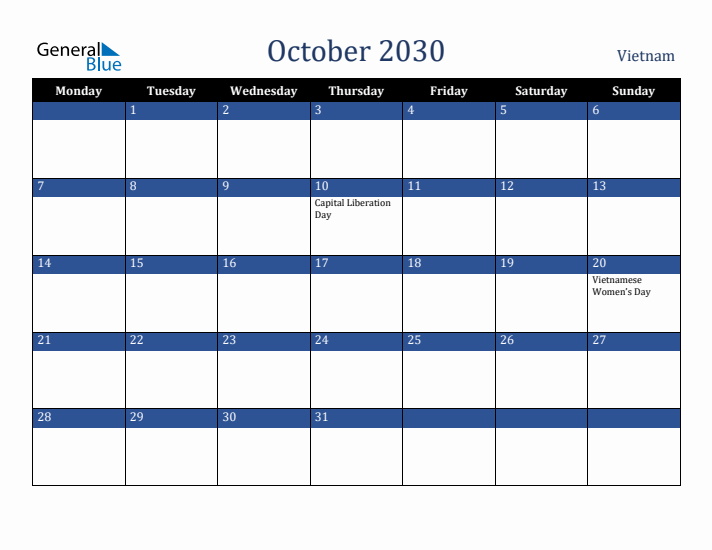 October 2030 Vietnam Calendar (Monday Start)