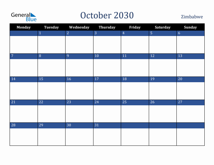 October 2030 Zimbabwe Calendar (Monday Start)