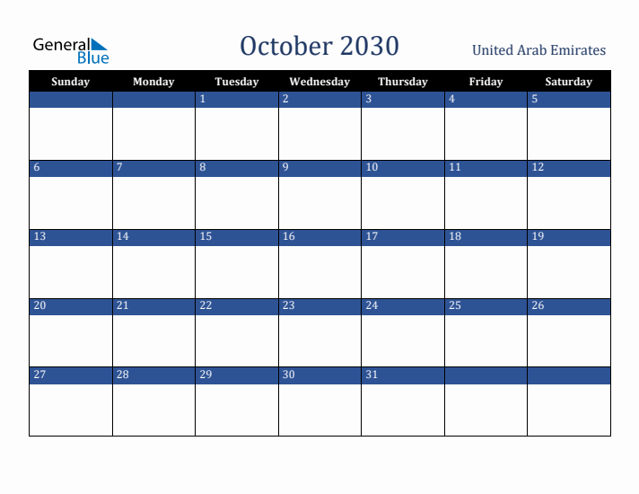 October 2030 United Arab Emirates Calendar (Sunday Start)