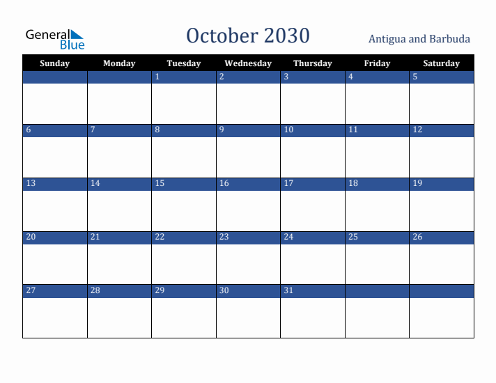 October 2030 Antigua and Barbuda Calendar (Sunday Start)