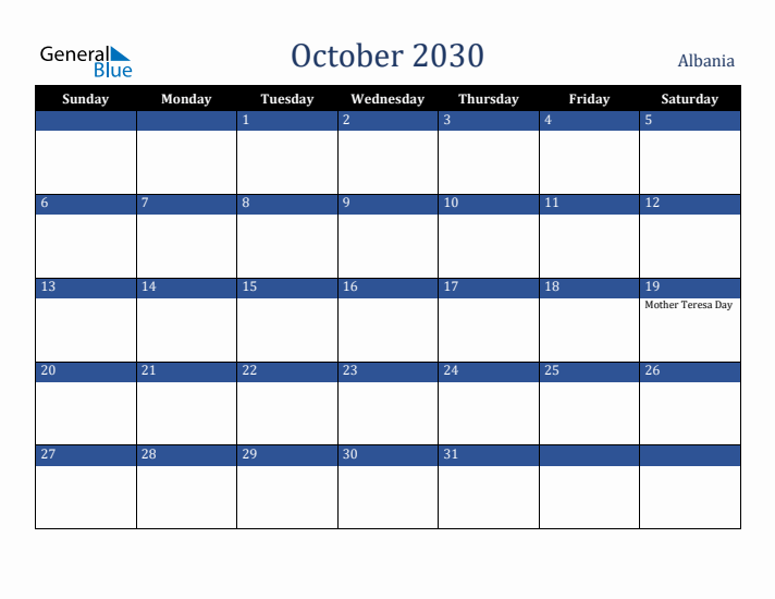 October 2030 Albania Calendar (Sunday Start)